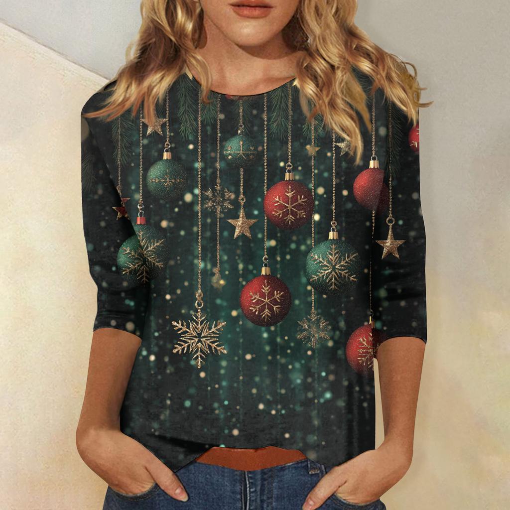 Damebluser Trekvart ermet skjorte V-hals Løs fritidsskjorte Trykk T-skjorte