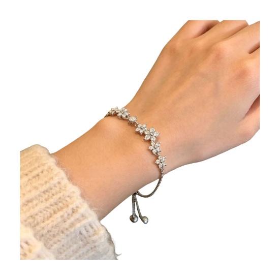 Cubic Zirconia Flower Bracelet Adjustable Pull-Out Design Bracelet Slim Lightweight Fit Wristband Jewelry