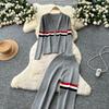 Autumn Winter Women Striped Knitted Sweater Vintage Two Piece Trouser Set V-neck Pullover Tops and Wide Leg Pant Suit