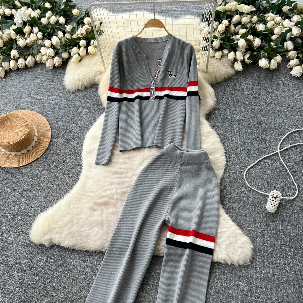 Autumn Winter Women Striped Knitted Sweater Vintage Two Piece Trouser Set V-neck Pullover Tops and Wide Leg Pant Suit