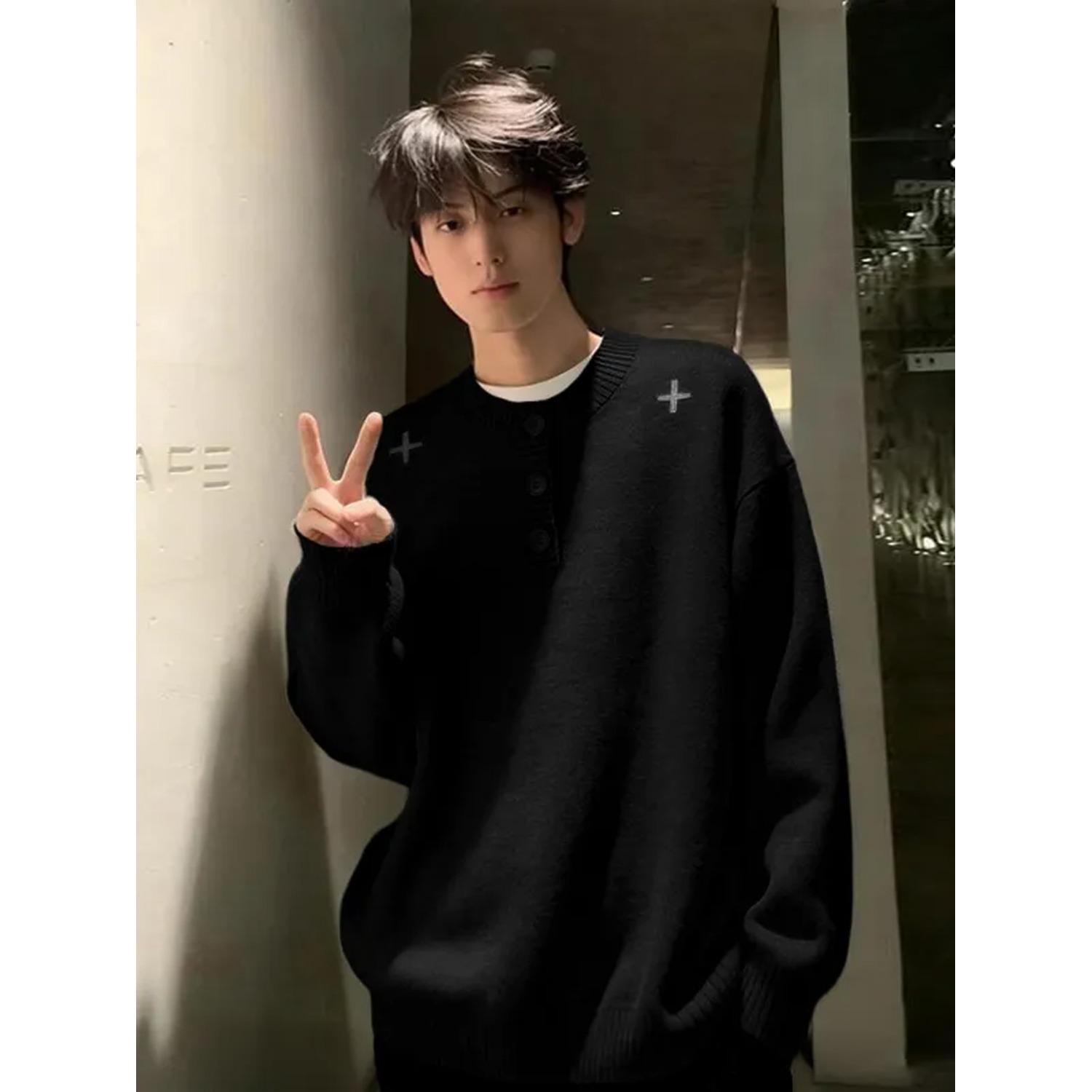 Unisex American-Style Embroidered Henley Sweater - High-Quality Knitwear for Autumn/Winter L