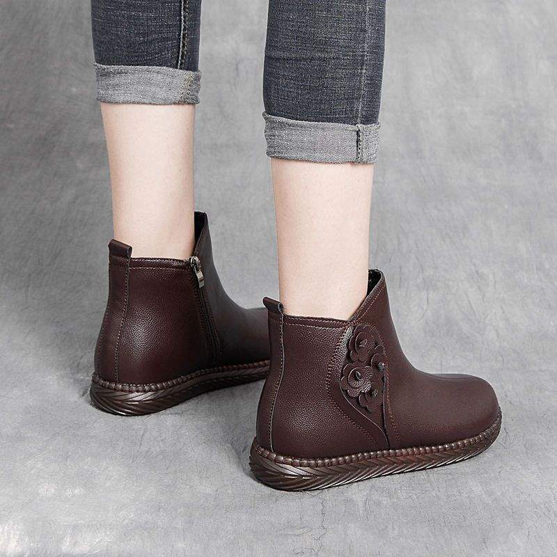 Fleece verdickte Baumwollschuhe Mutter Schuhe Stiefeletten Damen Retro rutschfeste Rindflechse Sohle echtes weiches Leder mittleren Alters und ältere Baumwolle bo
