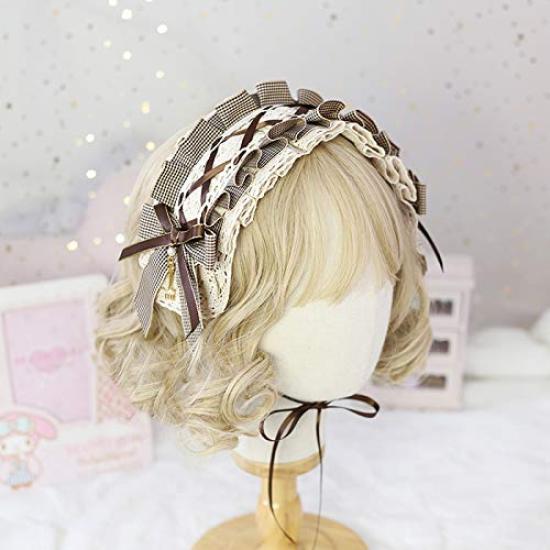 Lolita Check Lace Headband for Gothic Cosplay Hair Cute Maid Cafe Hair Accessory Women, Ruffled, Lolita, Ribbon, Ornament, [J's Select] (Brown)