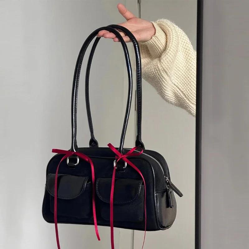 Korean Fashion Womens Shoulder Bag Soft Suede With Pu Leather Bowling Handbag Casual Luxury Vintage 2024 New Boston Tote Bag
