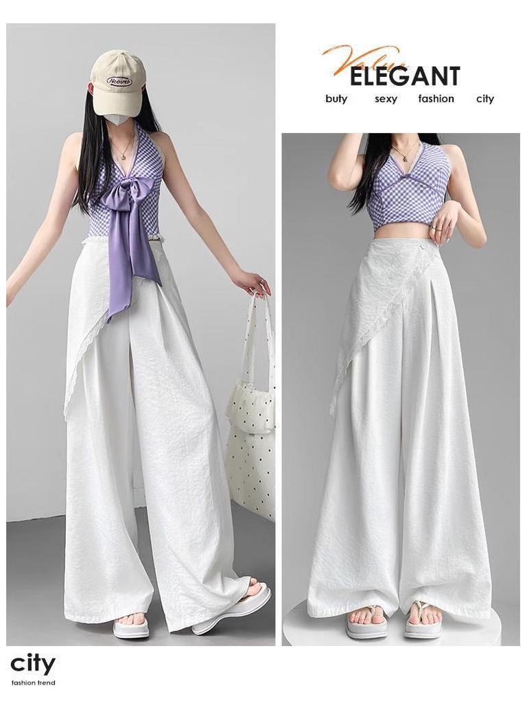 Women's White Lace Two-Piece Wide-Leg Pants with Crotch Cover - High-Waisted, Slimming, Draping, Floor-Length for Summer