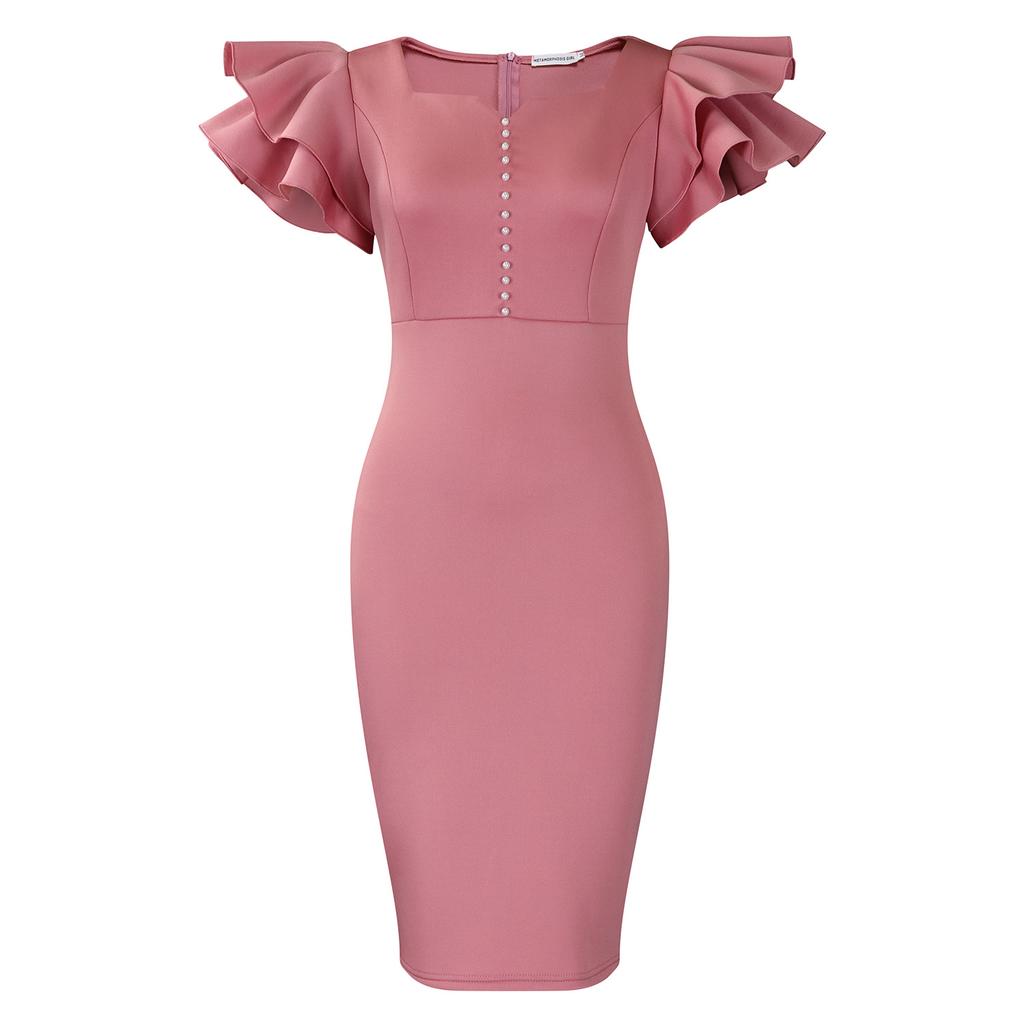 Summer Fashion Women's Nail Bead Lotus Leaf Sleeve Hip Wrap Banquet Dress Dress