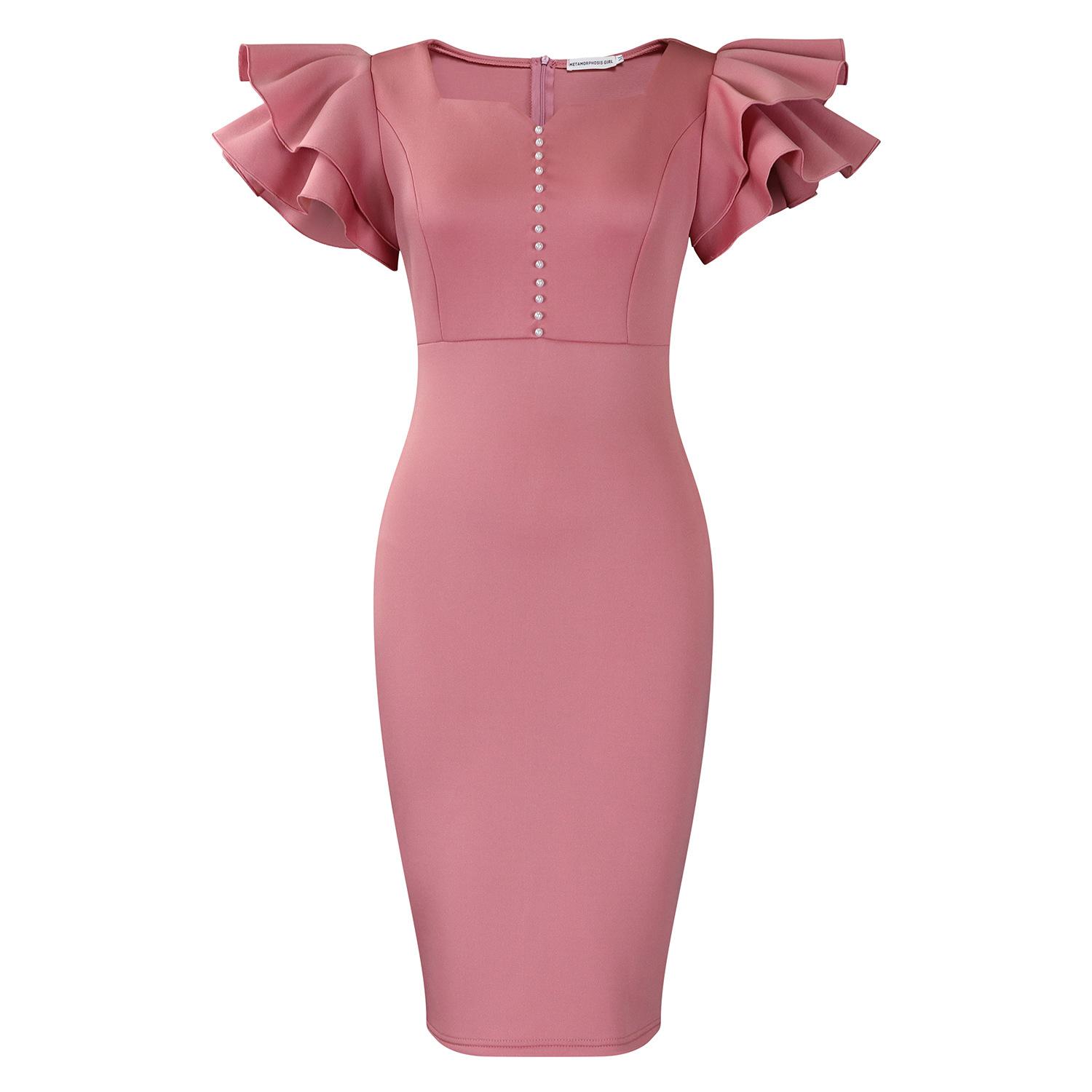 

Летняя мода Женское платье с рукавами-лепестками лотоса, бусинами для ногтей, облегающее бедра, банкетное платье S