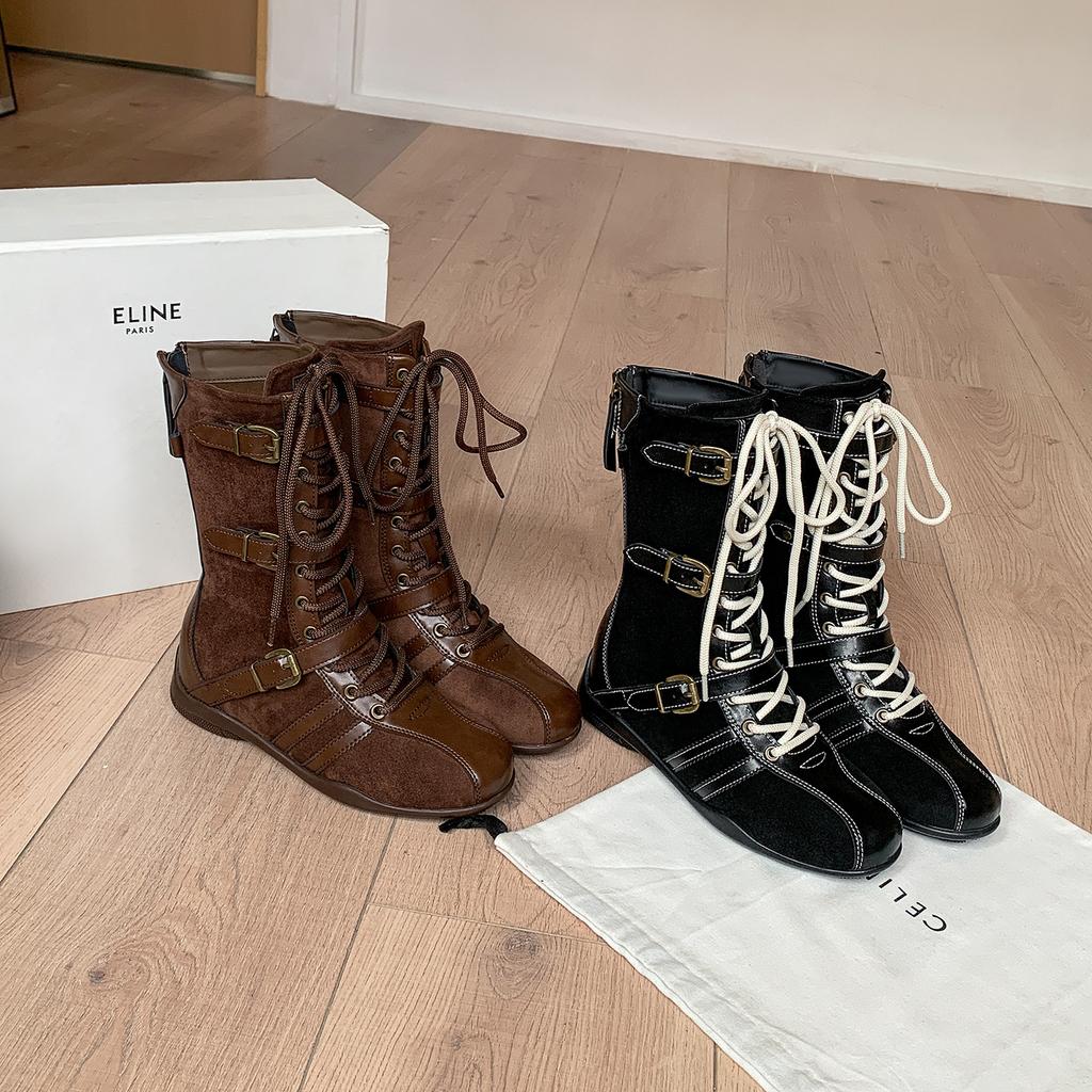 Cowhide version~ retro inner height increase 7cm boxing boots women's lace-up splicing belt buckle casual short boots Martin boots