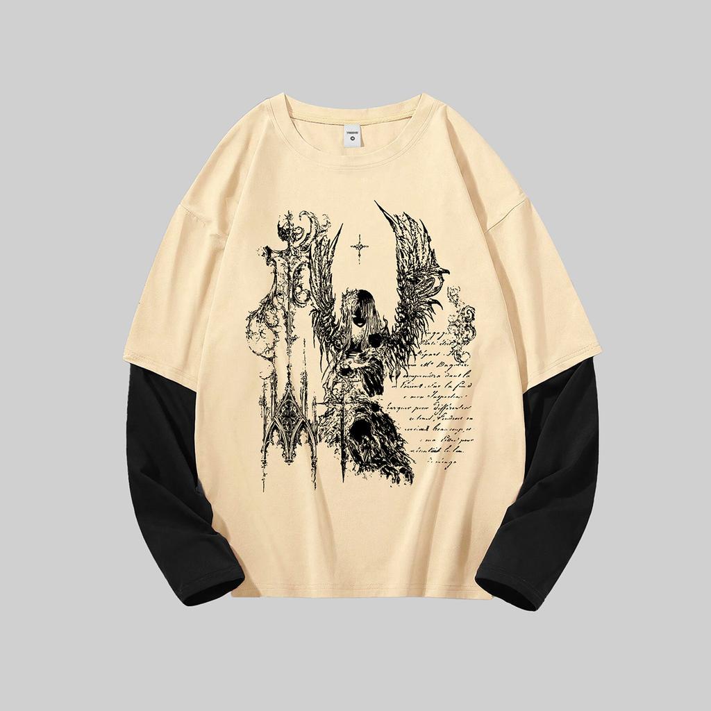 Maglietta Goth da Uomo Y2k Grafica Oversize Manica Lunga Girocollo Streetwear Top Vestibilità Primaverile