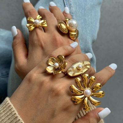 Stainless Steel Flower Pearl Ring Exaggerated Ring Titanium Steel Rings Europe and America