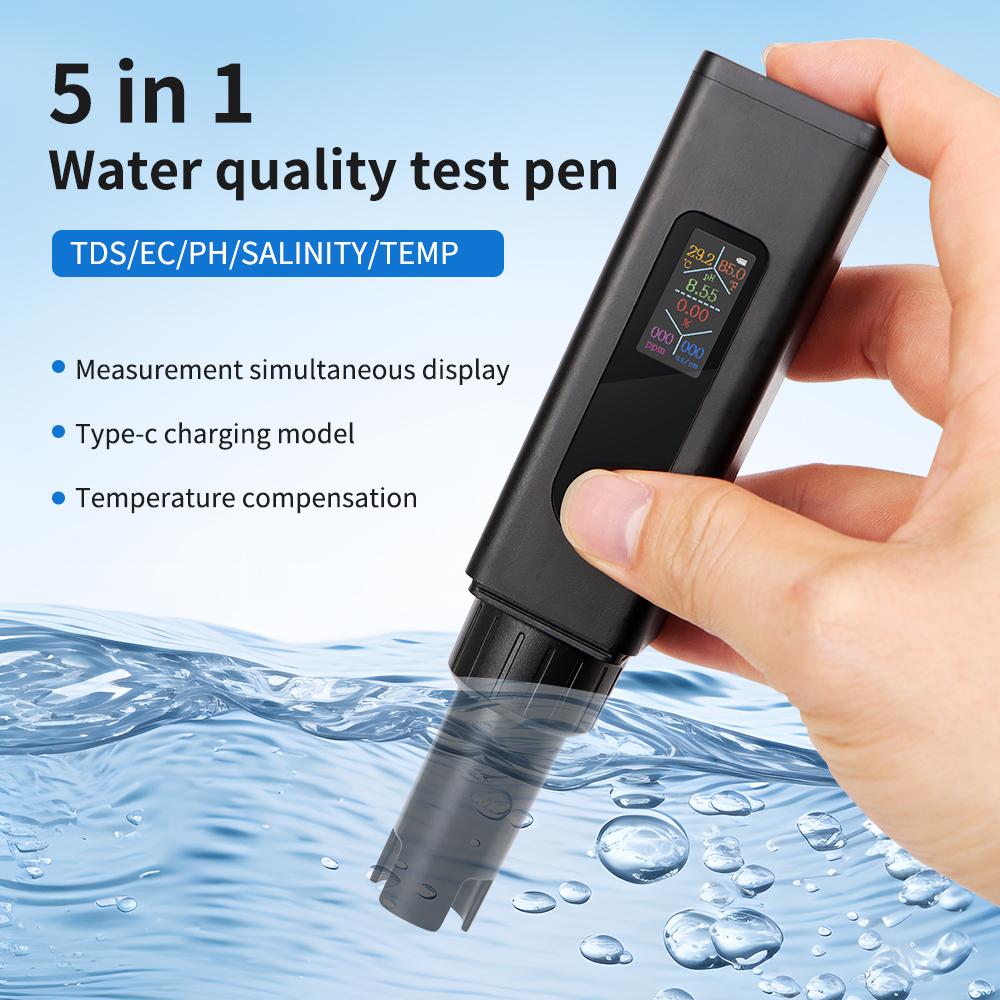 Portable 5 In 1 Water Quality Tester Digital EC TDS Salinity TEMP PH Tester Type-C Rechargeable EC Detector for Aquarium Pool