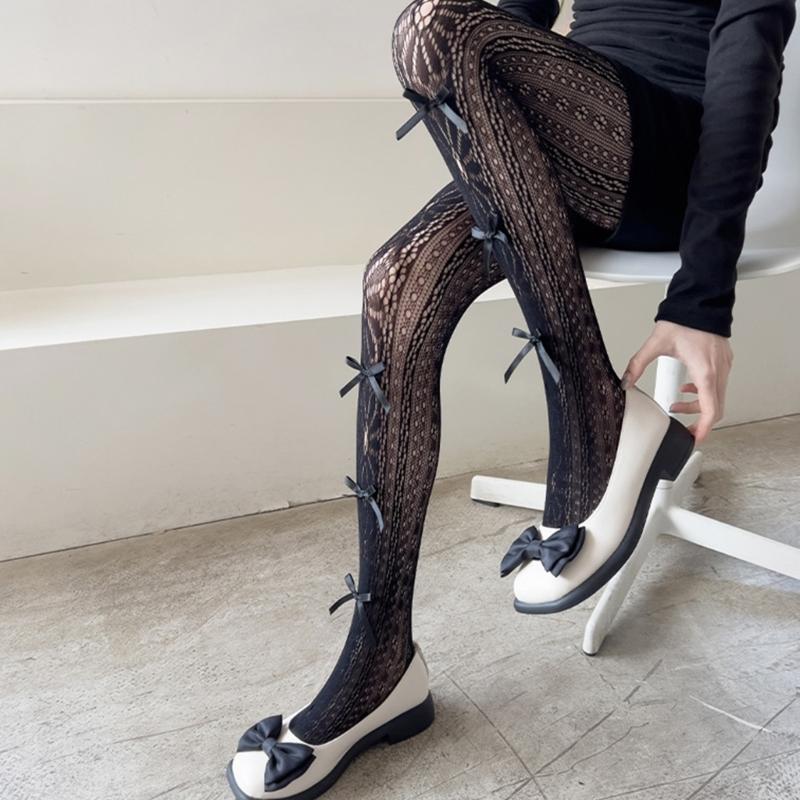 Women Hollow-Out Sheer Fishnet Pantyhose Japanese Style Sweet Bowknot JK Floral Lace Patterned Leggings Mesh Tights