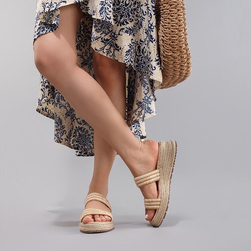 Hemp Rope Slope Heel Platform Sandals Women's Woven Straw Rope Word with Casual Summer Casual Flat Slippers Versatile Fashion