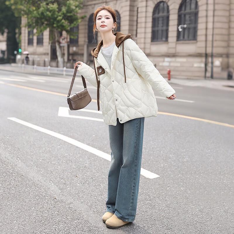 Sisbyshop Women's 90% Down Color Block Hooded Loose Jacket