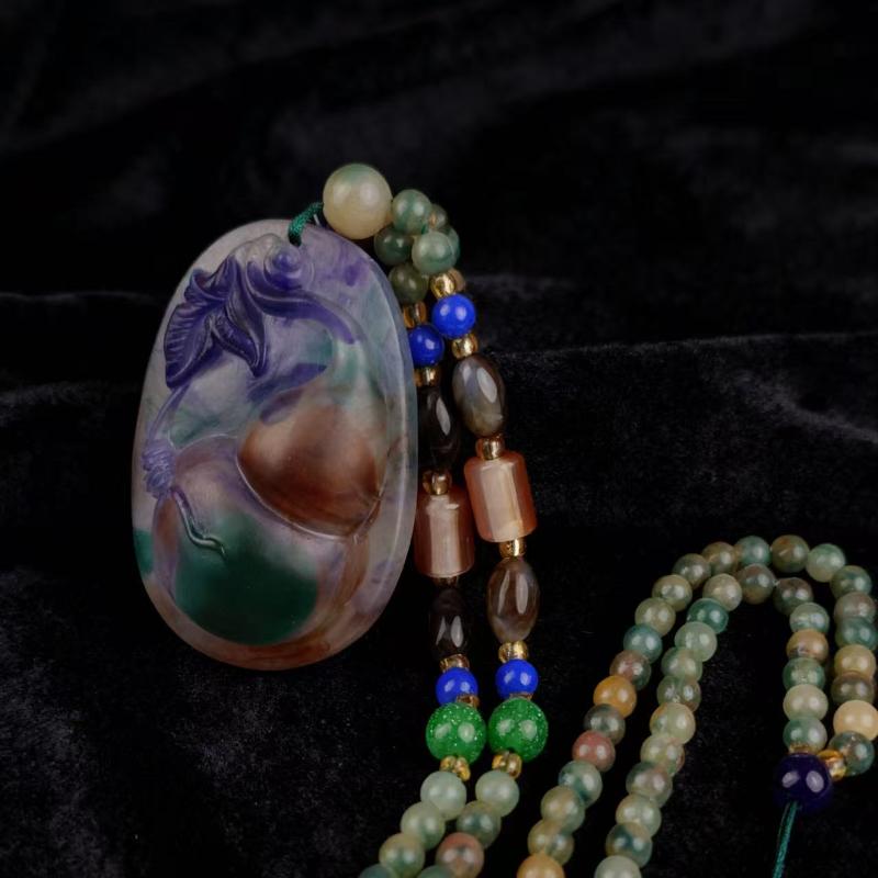Versatile Rainbow Spotted Stone Carved Necklace Pendant Fortune Dragon Plaque Sweater Chain Fashion Jewelry Mother'S Day Gift