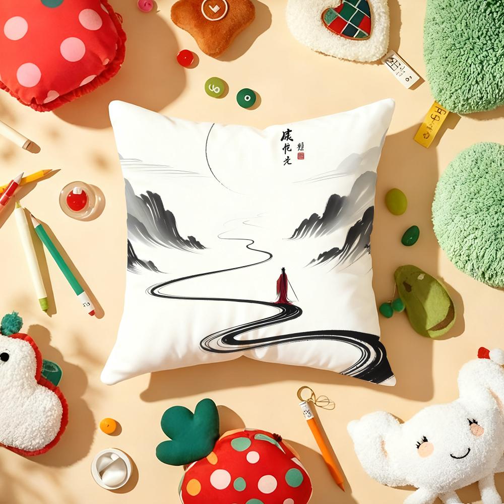 Chinese Ink Painting Style Cushion Cover Soft Short Plush DoubleSided Printing Home Decor Machine Washable Pillow Case Gift