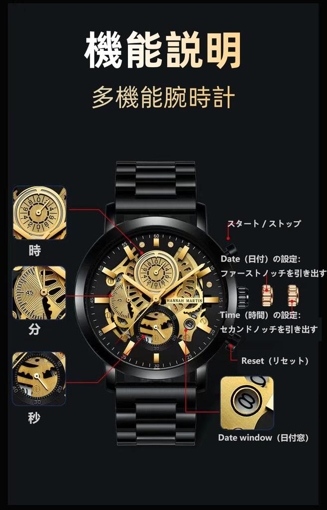 Calendar Black Business Steel Wristwatch Silver Face Black Men's Multi-Function Watch, Non-Mechanical, Gold, Waterproof, Trendy, Band, (1094YH Link)