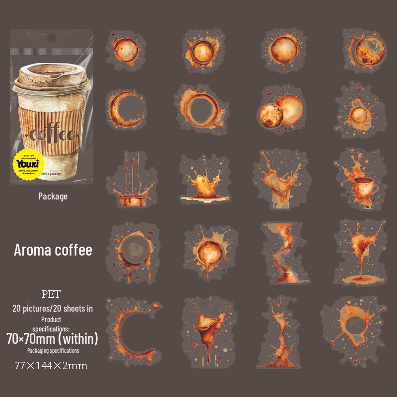 Coffee Stain Ink PET Sticker Pack: 20 Sheets, 6 Designs - Beautiful Day Series