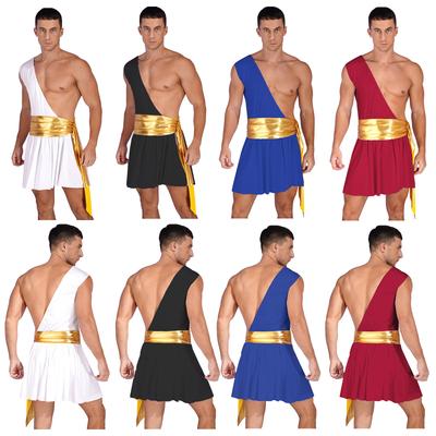 Mens Ancient Greek Cosplay Costume One Shoulder Ruffle Dress Metallic Ruched Belted Halloween Performance Outfit