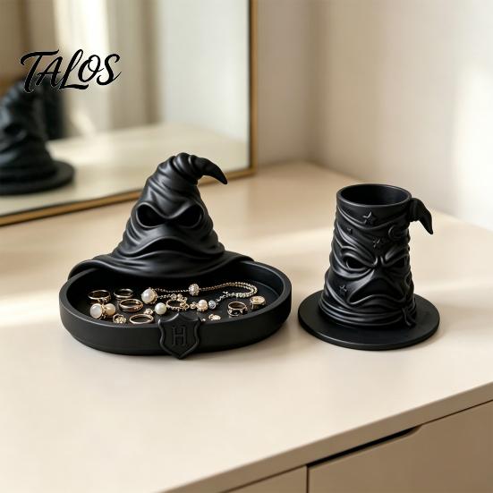 Minimalist Tabletop Organizer Wizard Hat Storage Box, Gothic Desk for Makeup Brushes And Compact Countertop Case Pens, Dark Academia Vintage Halloween