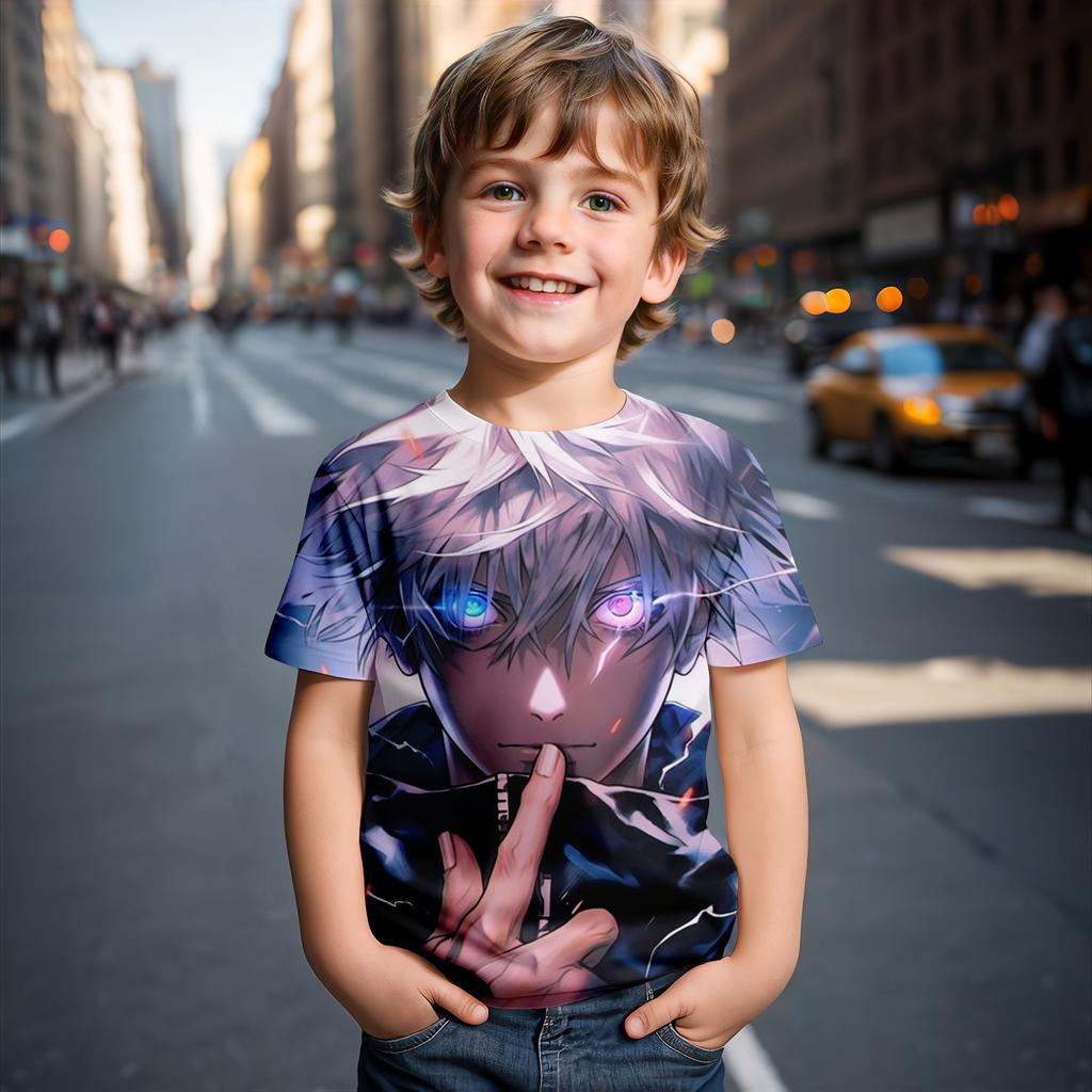 Summer Round Neck 3D Gojo Satoru Jujutsu Kaisen Printed Top Fashionable Casual Short Sleeved Children's Boy T-shirts