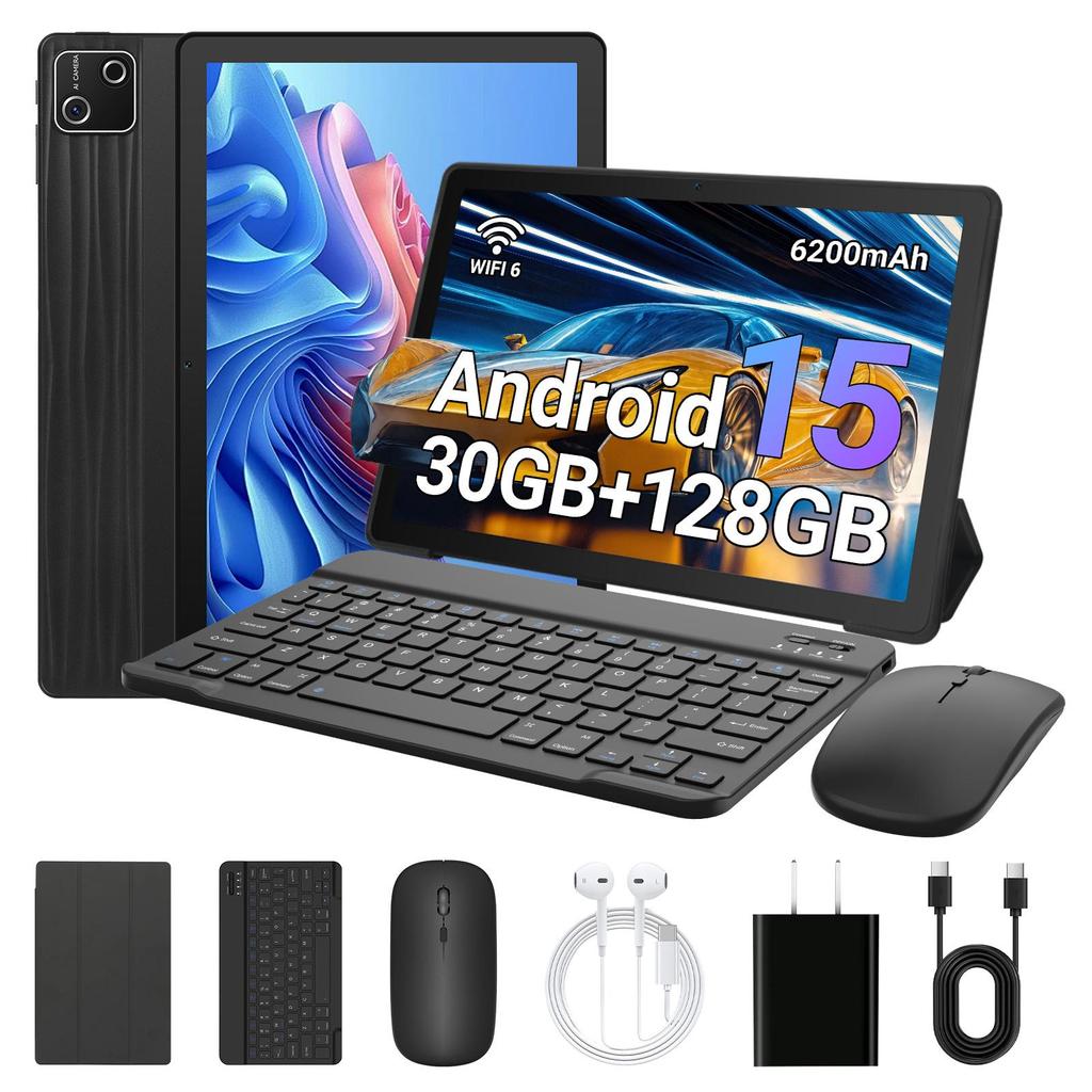 Tablet Android 15, 10 Polegadas, 30GB+128GB, Octa Core, Carregamento Rápido 15W, 6200mAh, Alto-falantes Estéreo