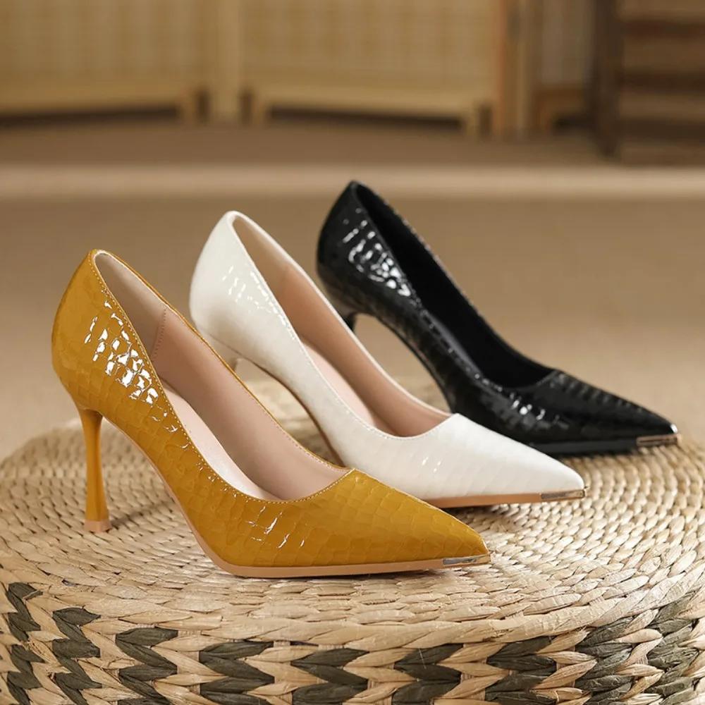 Fashion Women's High-heeled New with Stone Patterned Patent Leather Heels Women Pointed Toes Solid Color Widened Versized Womens Shoes