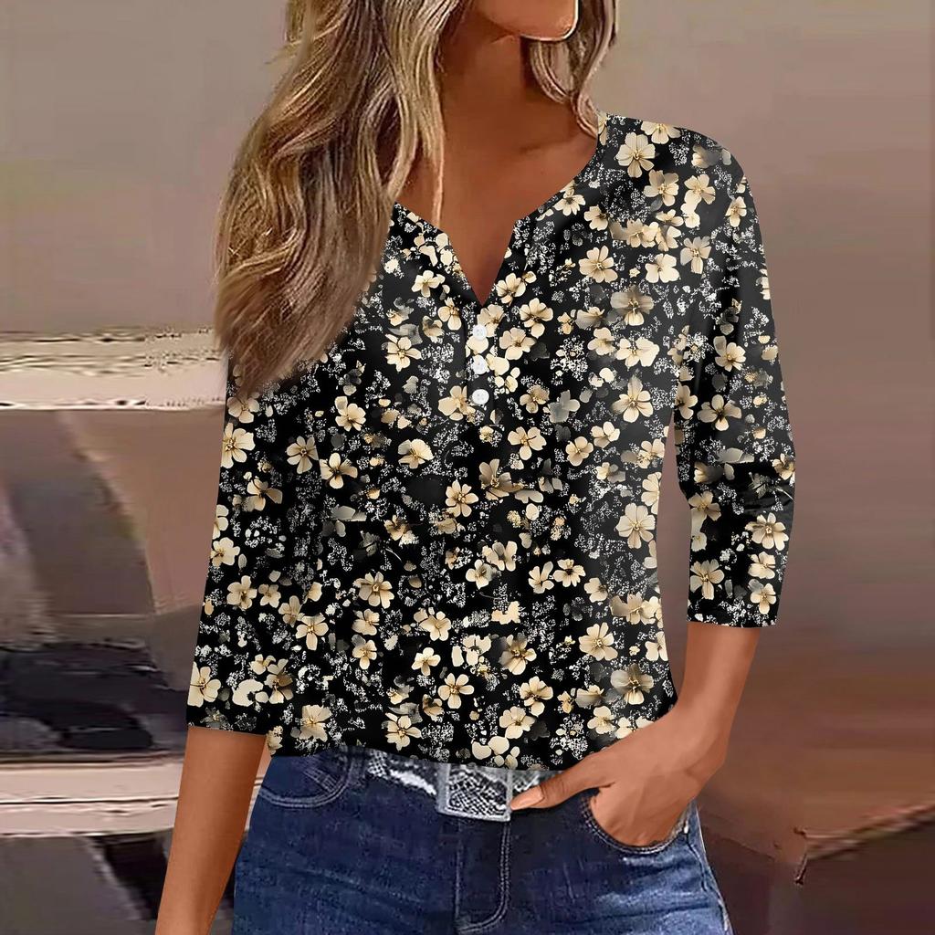 Women's T Shirt Print Button 3/4 Sleeve Daily Weekend Fashion Basic V- Neck Regular Top