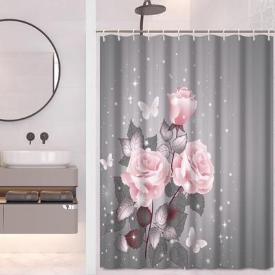 Floral Shower Curtain Pink Rose Stylish Bath Curtain with Printted Pattern Grey Background Waterproof Polyester Fabric Bathroom