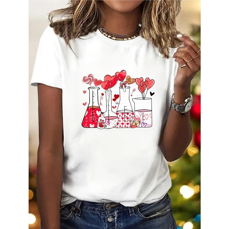 

Women s Science Theme Graphic T-Shirt Lab Flasks Hearts Print Crew Neck Stretch Casual Short Sleeve Tee S белый