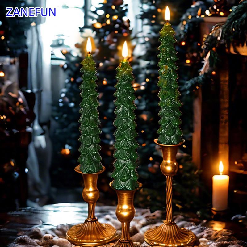 3-Pack Christmas Flameless LED Candles Green Led Candlesticks with Timer Remote Christmas Tree 3D Flickering LED Candles