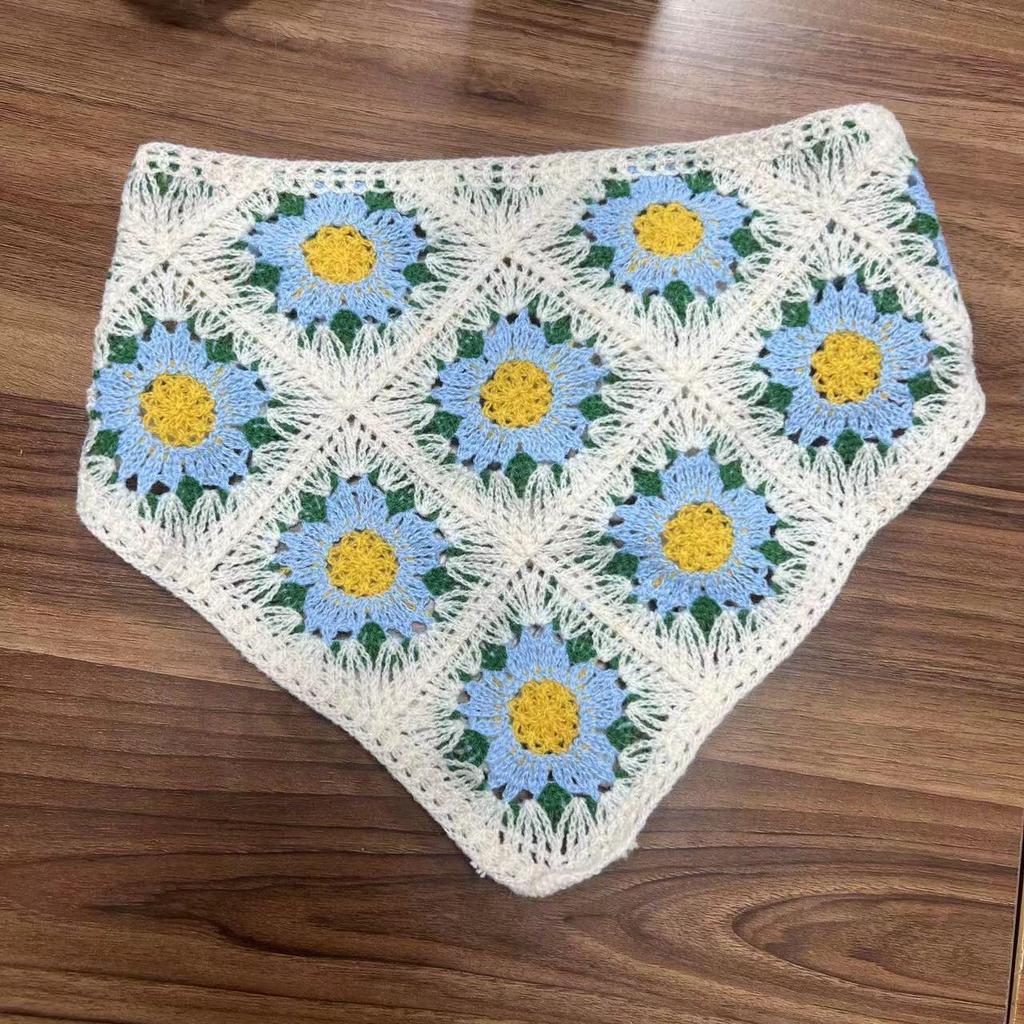 Korean Style Knitted Crochet Triangle Scarf: Women's Sweet Flower Headscarf Hat