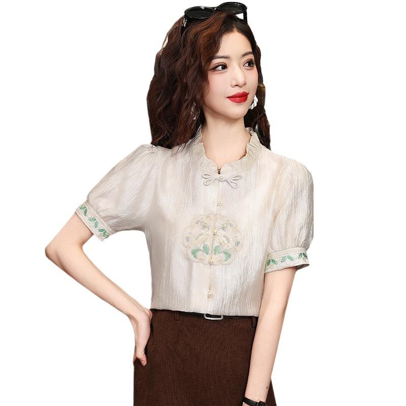 Stand-up Collar Ruffle Edge Short-sleeved Temperament Chiffon Shirt Women's Spring and Summer New Chinese Button-up Design Shirt