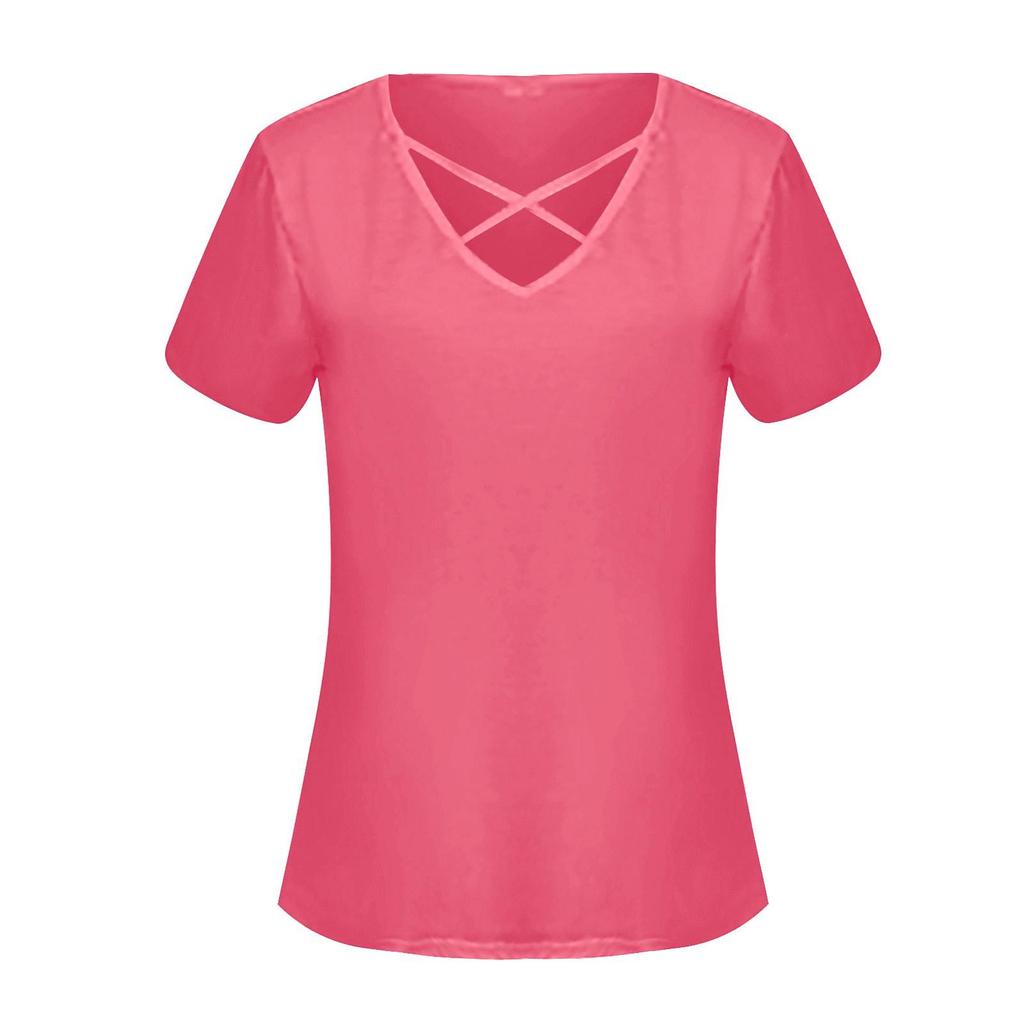 Women's Fashion Casual Color Blouse Cross Front V-Neck Short Sleeve Top
