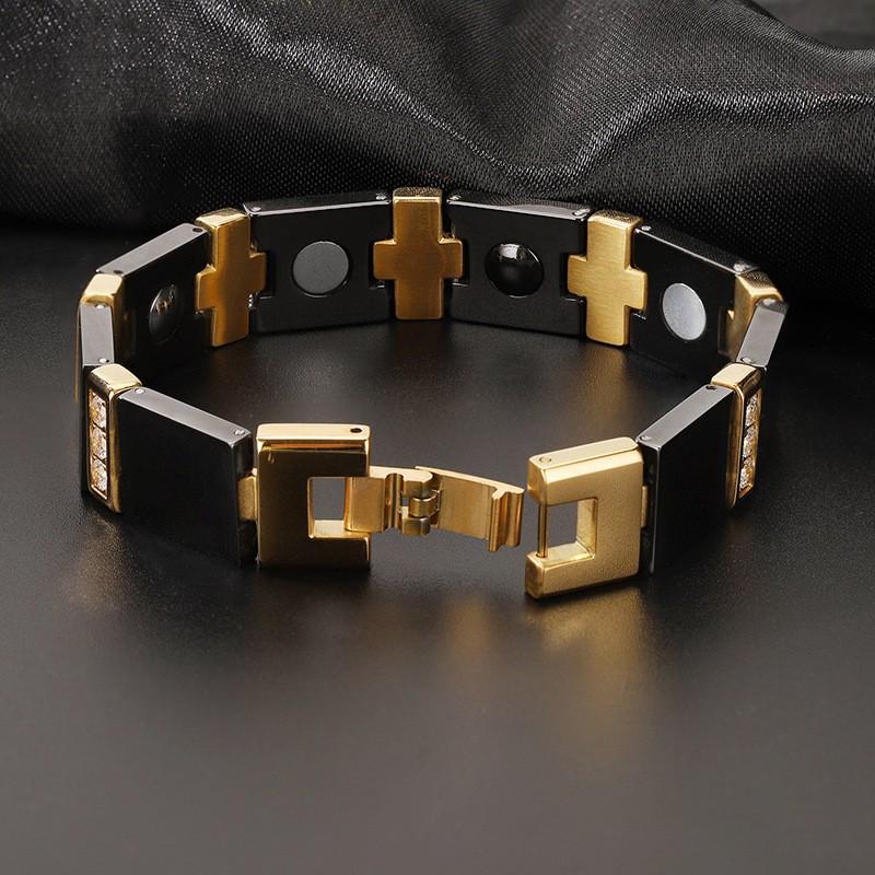 Mens Ceramic Titanium Steel Bracelet With Magnetic Therapy Geometric Design Black Gold Tone Luxury Casual Accessory