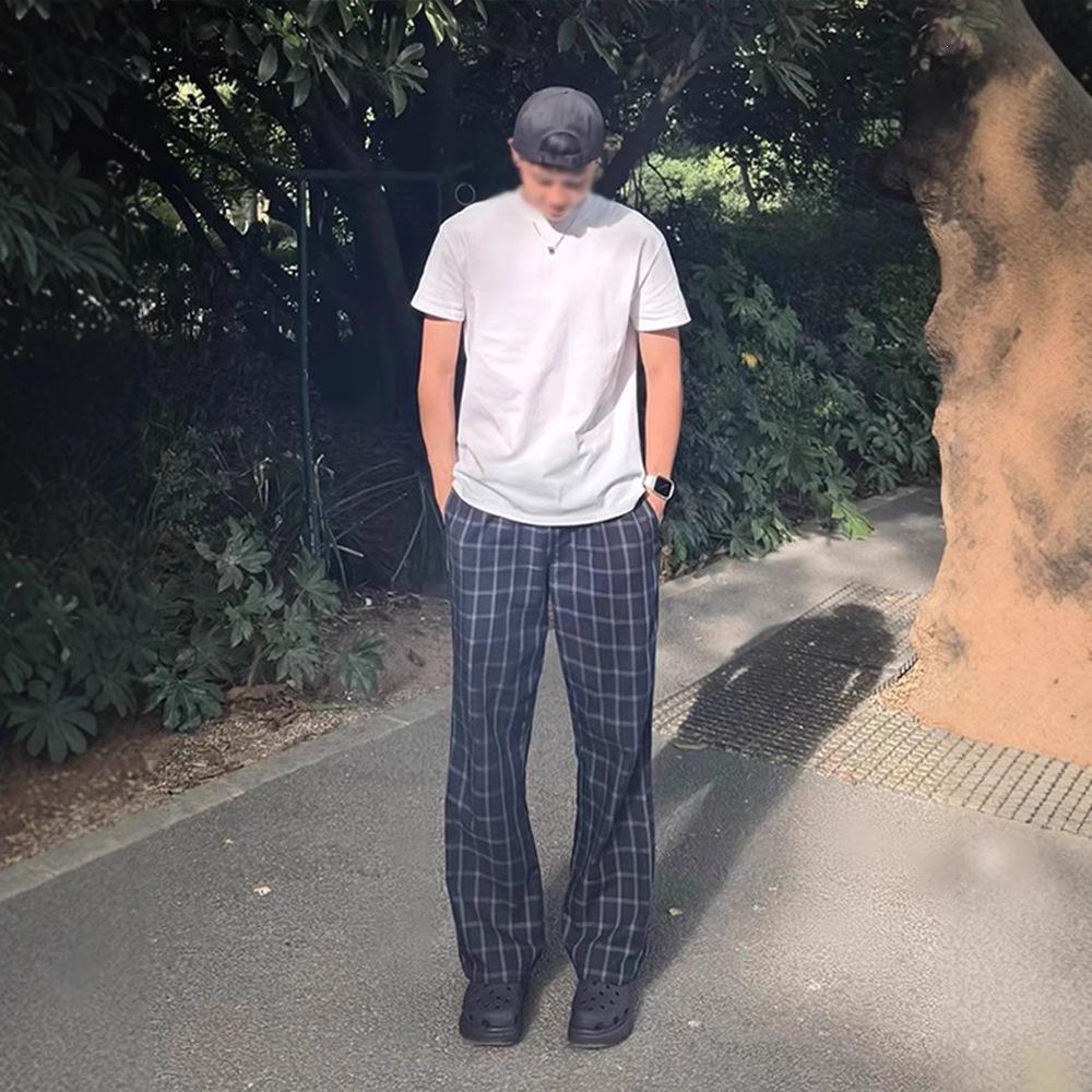 Why Come To This American Plaid Pants Men's Summer Thin Micro-machete Pants Straight Casual Sweatpants