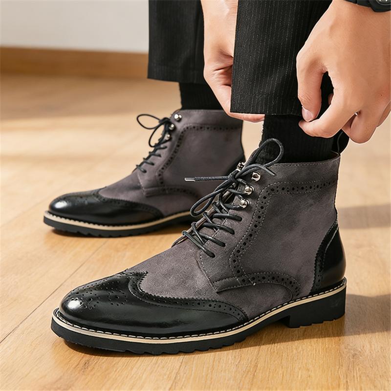 Winter Designer New Male Pointed Lace Up Suede Leather Brogues Ankle Boots Men's Casual High Top Platform Shoes Zapatos Hombre