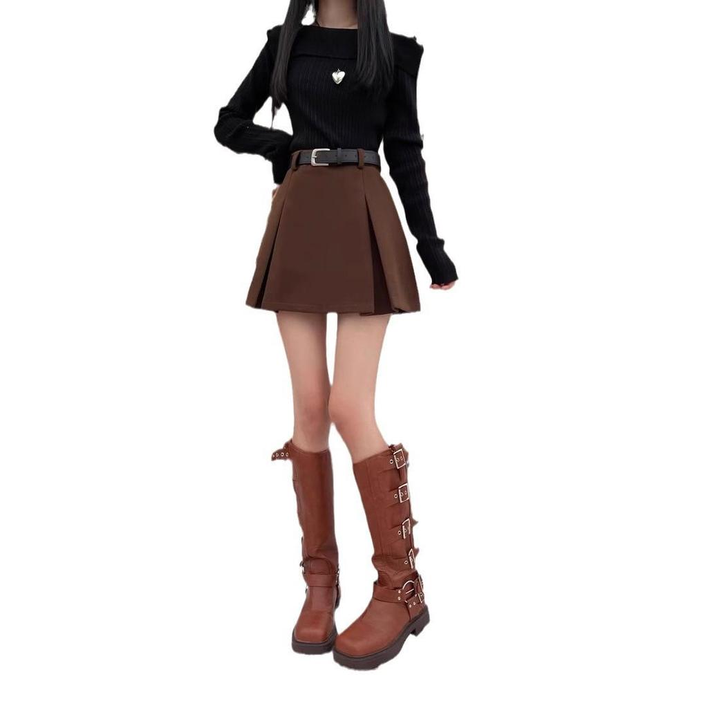 New 2024 Chic Retro Woolen A-Line High Waist Pleated Mini Skirt for Women