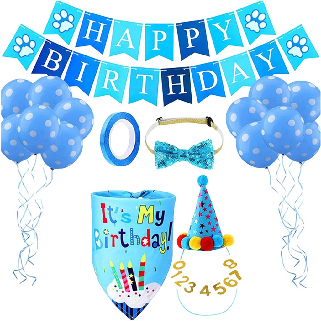 Pet Birthday Party Decoration Kit Dog Bandana Hat Banner Flag Number Set Includes Balloons Bow Tie Tape Suitable for Pet Celebrations