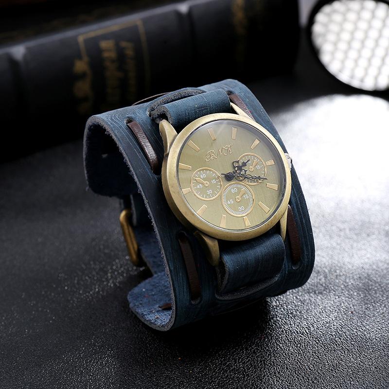 Men'S Watches Punk Retro Decorative Wide Strap Watch Male Reloj Clock Leather Bracelet Quartz Military Man Wristwatch