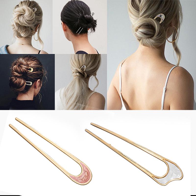 Trendiger Metall U-Form Haarstab Pferdeschwanzhalter Haarschmuck für Frauen Silber Gold Farbe Schlichte Muschel Koreanische Gabeln Haarnadel