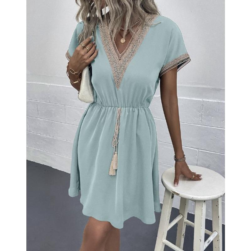Women's Fashion Summer Spring Solid Color Print Short Sleeve V-Neck High Waist Casual Dresses