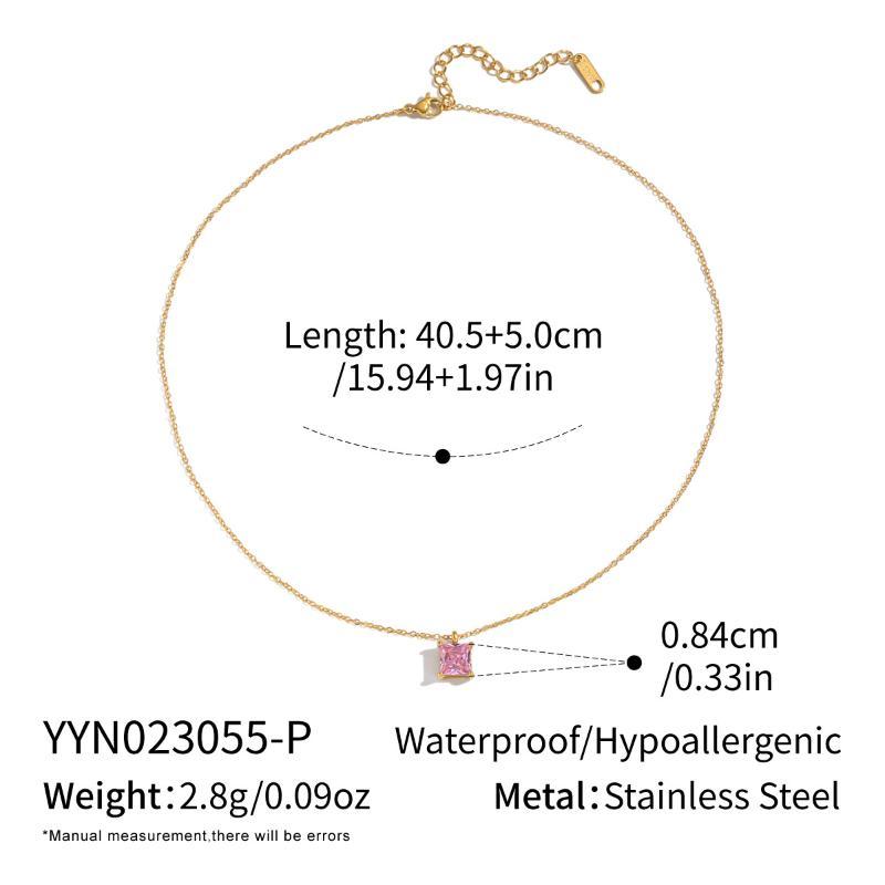 Minimalist Stainless Steel Metal Colorful Square Zircon Pendant Necklace Gold Plated Daily Waterproof Jewelry