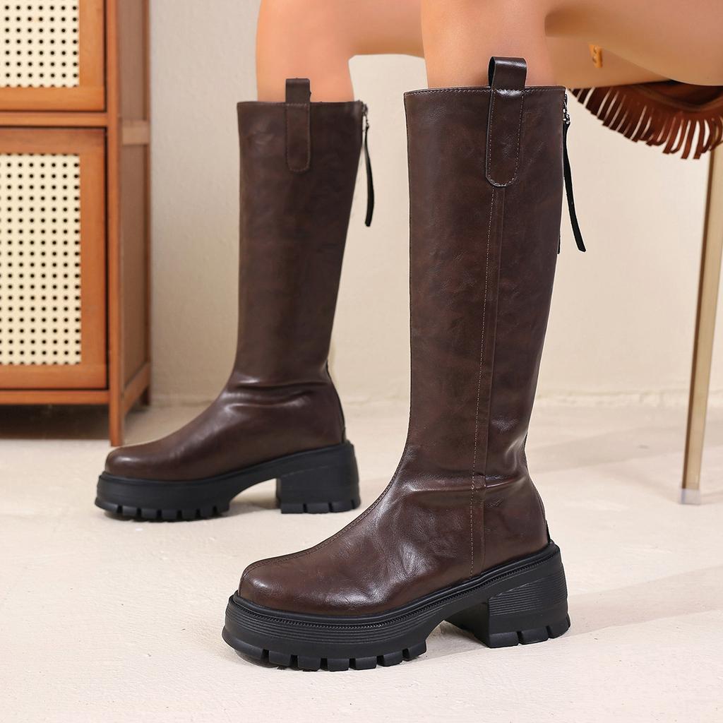 Comemore New Autumn Winter Long Boots for Women Fashion Thick Bottom Round Toe Leather Knight Botas Thick High Heels Women Shoes