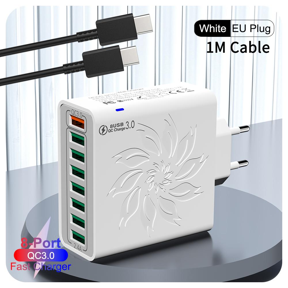 

8-портовий USB-зарядний пристрій QC 5.0 Швидка зарядка EU US KR Plug 65W Швидкий зарядний пристрій Блок живлення для iPhone 15 Xiaomi Samsung Настінний зарядний пристрій EU White CC Cable