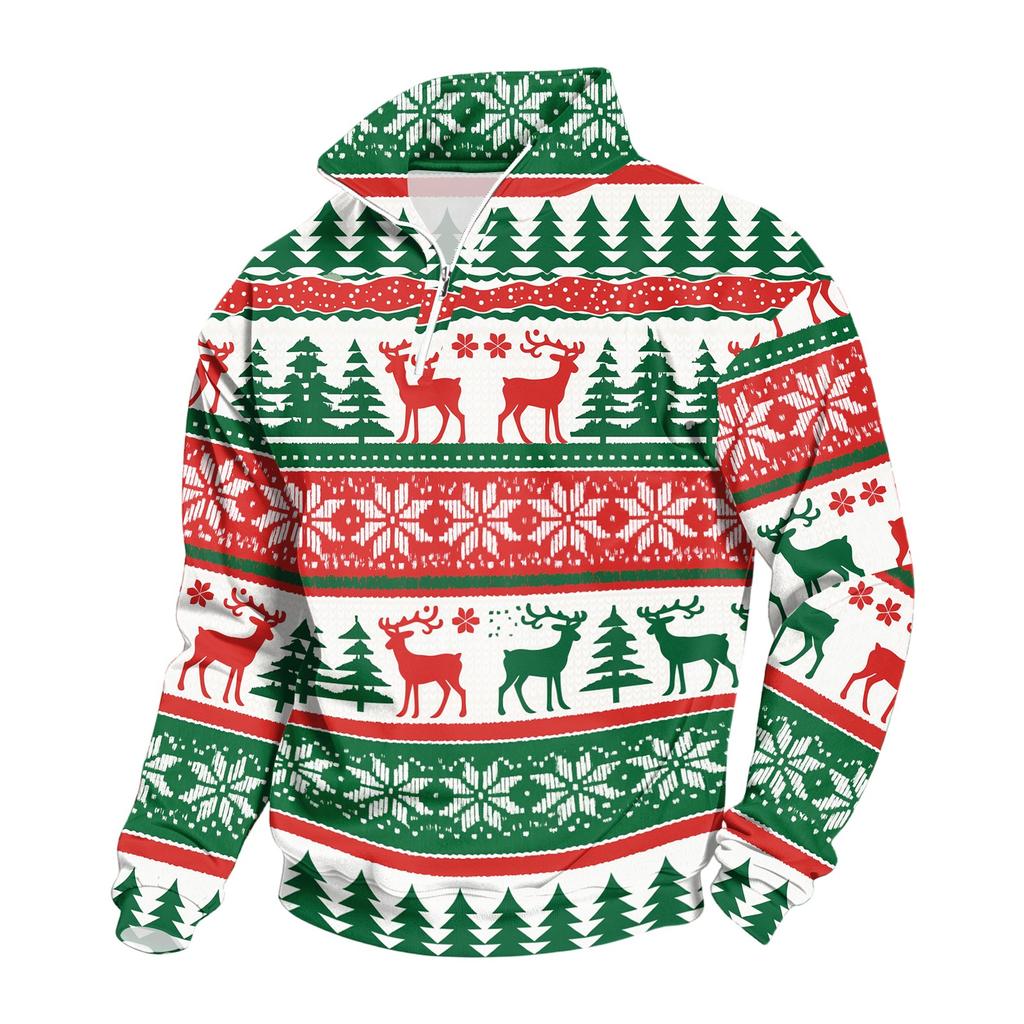 Men's Sweatshirt with Stand Collar Christmas Print Pullover for Casual Wear