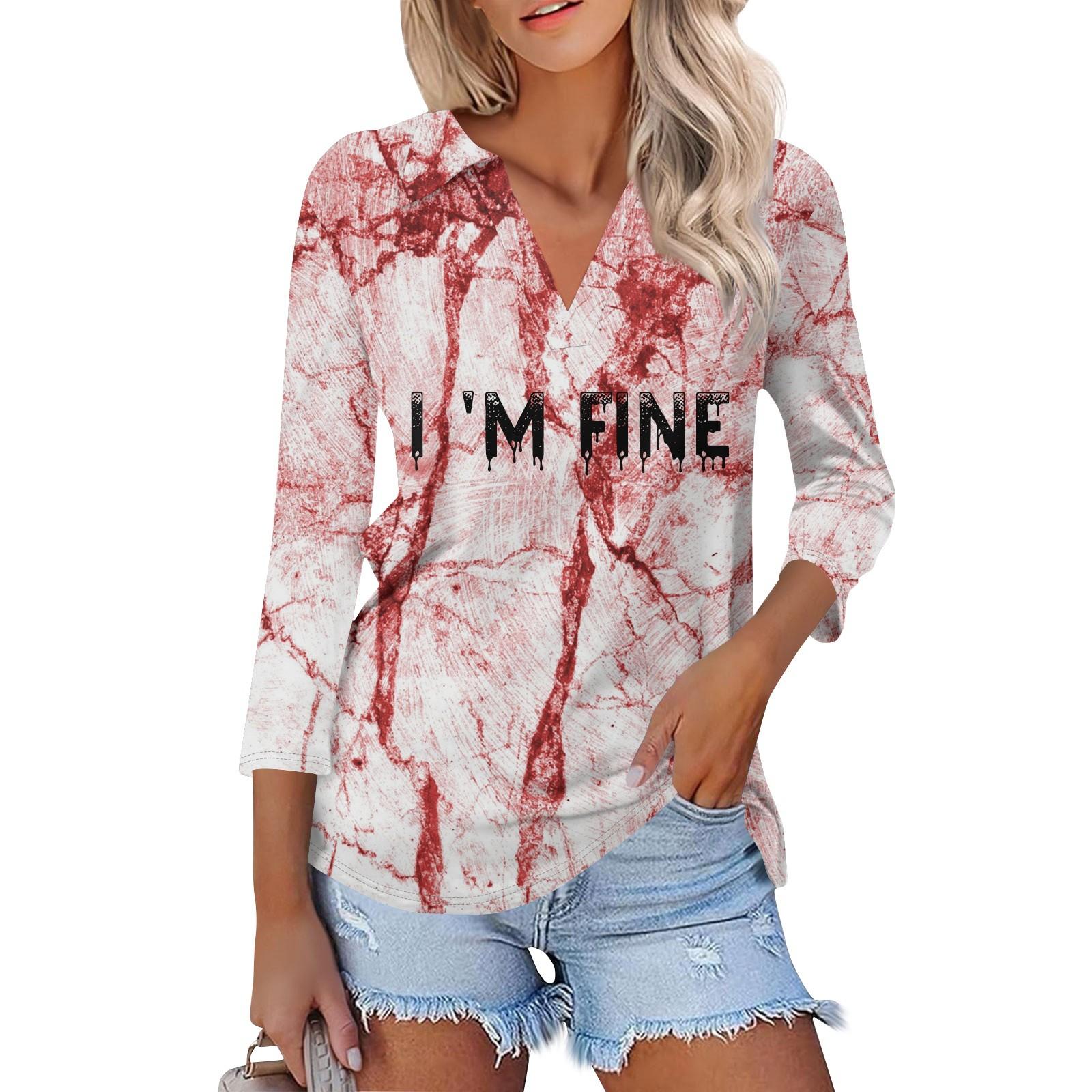 

Женская модная повседневная футболка с V-образным вырезом и рукавом 3/4 на Хэллоуин с кровавым принтом S белый