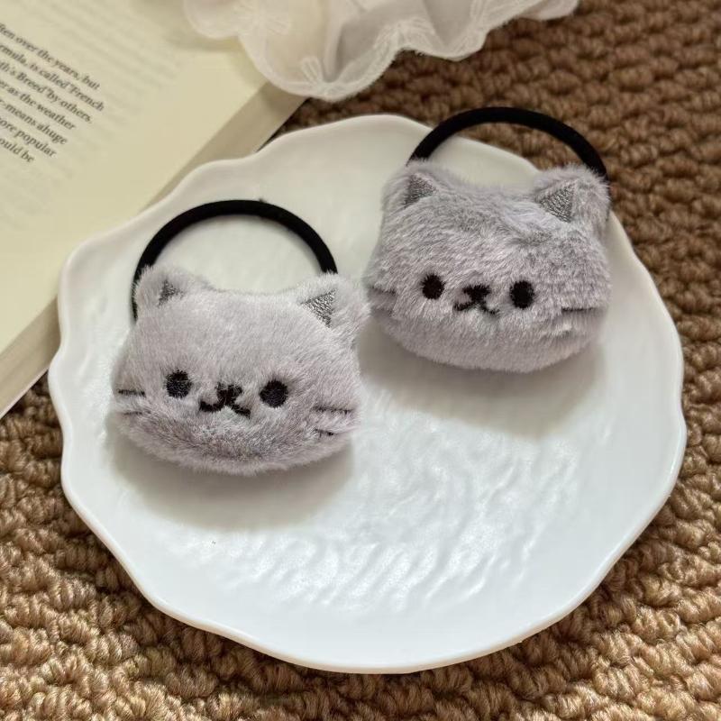 2Pcs Kawaii Cartoon Gray Cat Plush Hairband Soft Stuffed Animal Hair Scrunchie Daily Hair Accessories Hairclips For Women Gift