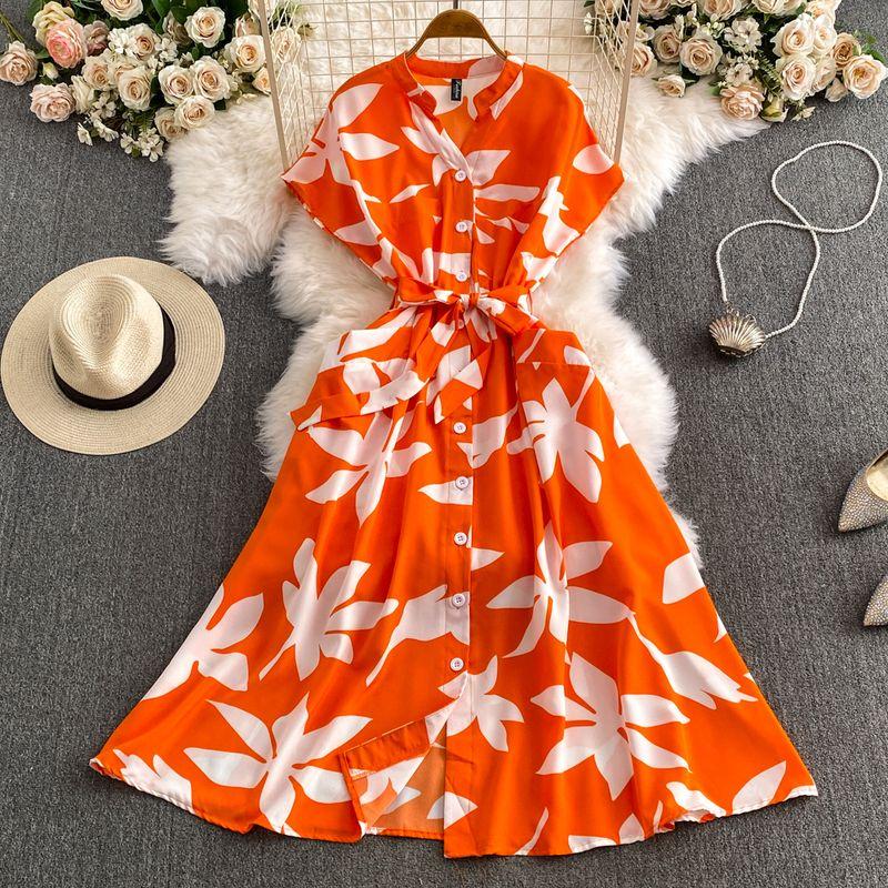 

Fashion Style Holiday Dress Female 2024 New Design Sense Print Lace-up Waist-Controlled Slim Looking Mid-Length Overknee Dress Orange All yards