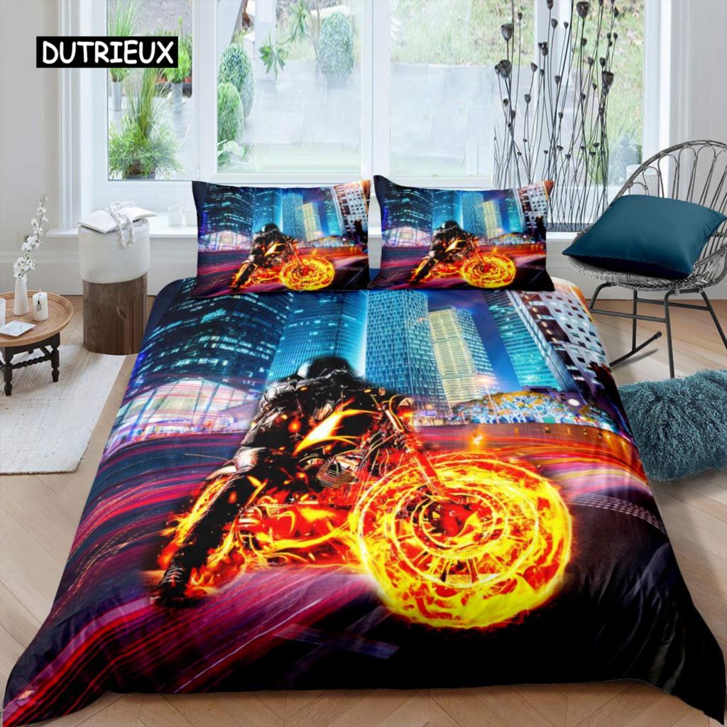 3D Motocross Rider Duvet Cover Set Microfiber Red Black Dirt Bike Extreme Sports Theme Motorcycle Pattern Bedding Set King Size